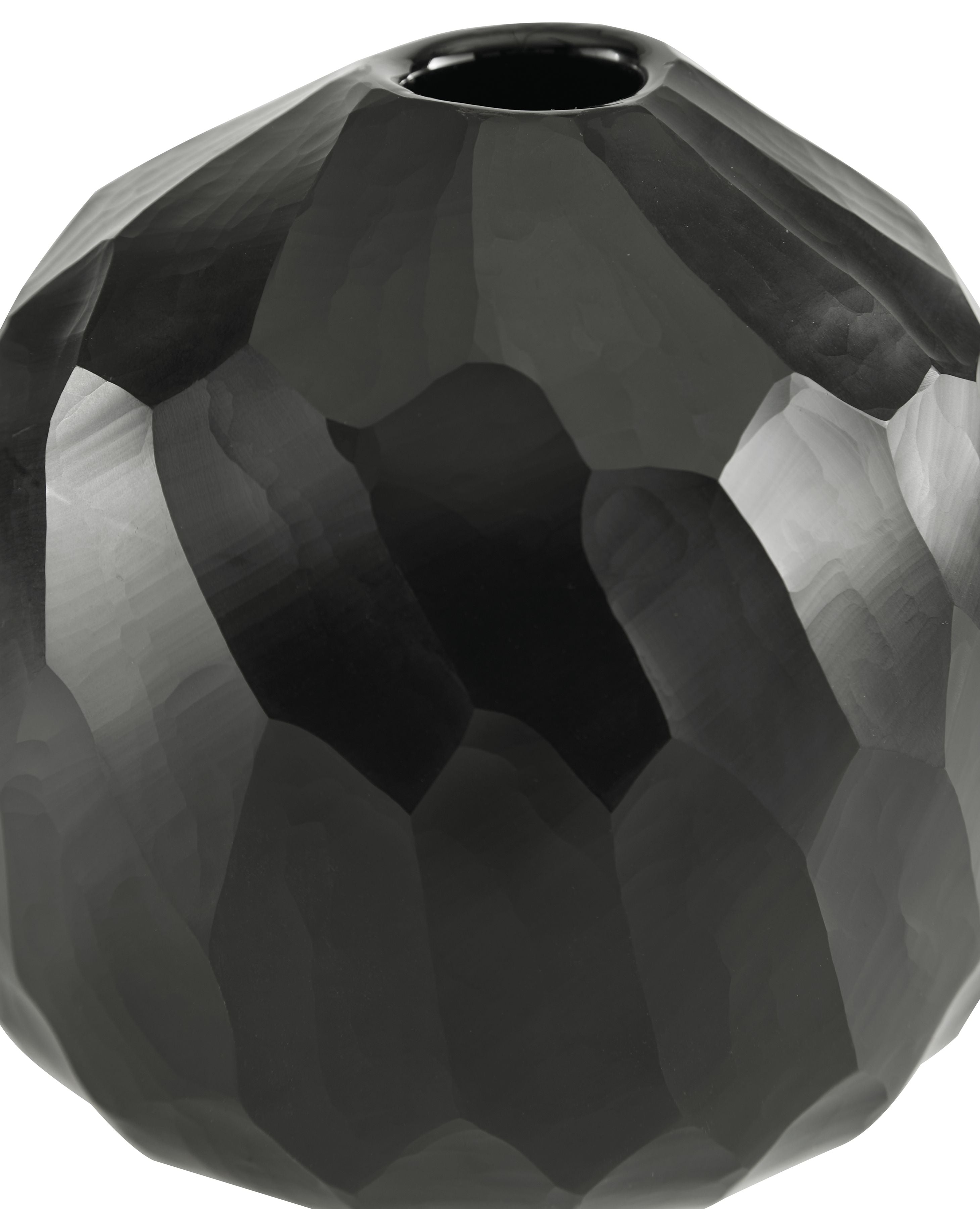 Black faceted vase with circular mouth opening, spherical shape