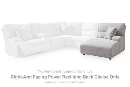 Pewter fabric power reclining chaise with patterned back pillow on sectional
