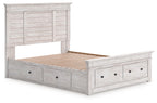 White panel storage bed with drawer footboard and under-bed platform
