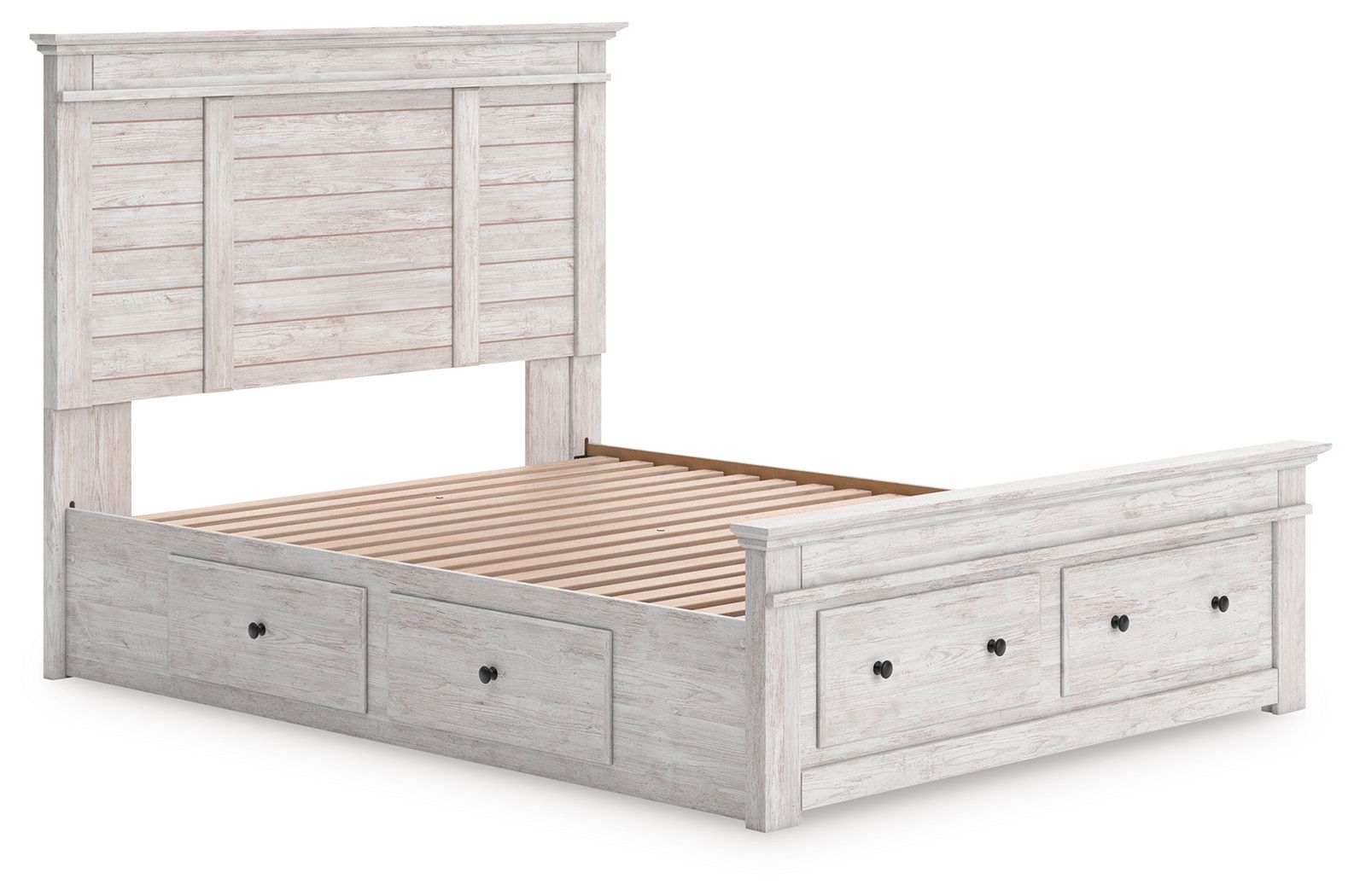 White panel storage bed with drawer footboard and under-bed platform