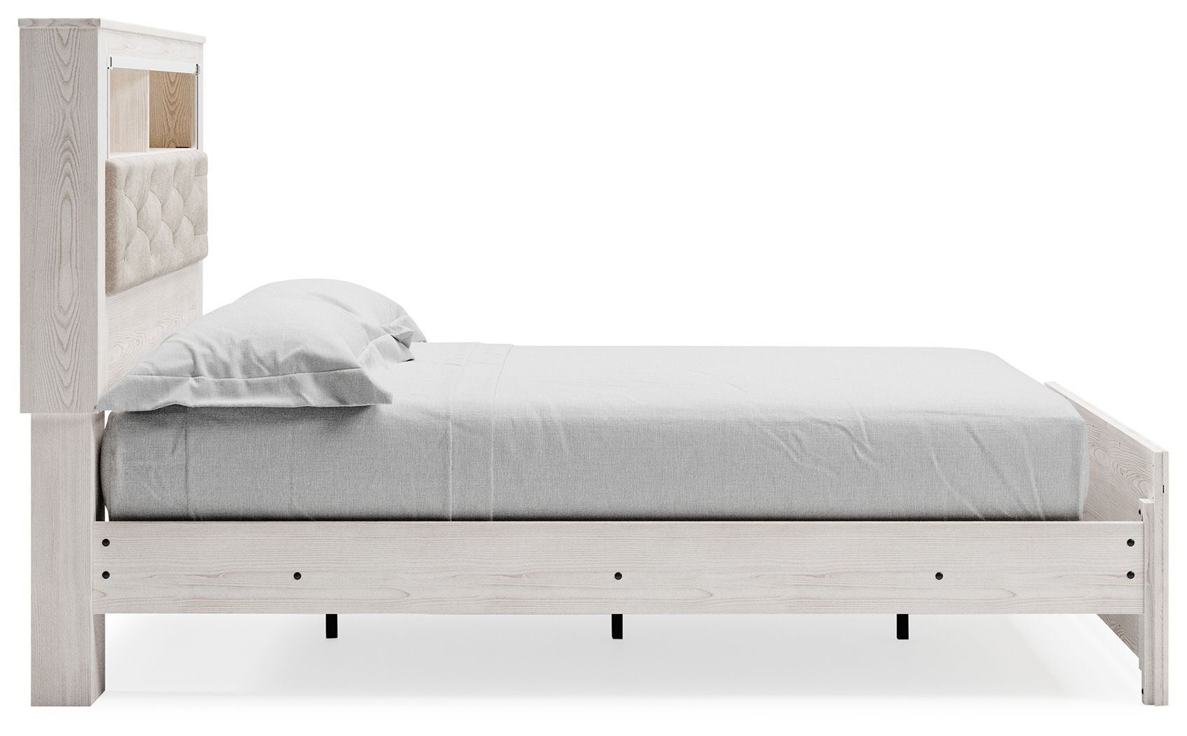White bookcase bed with gray fabric panel headboard and no visible drawer front