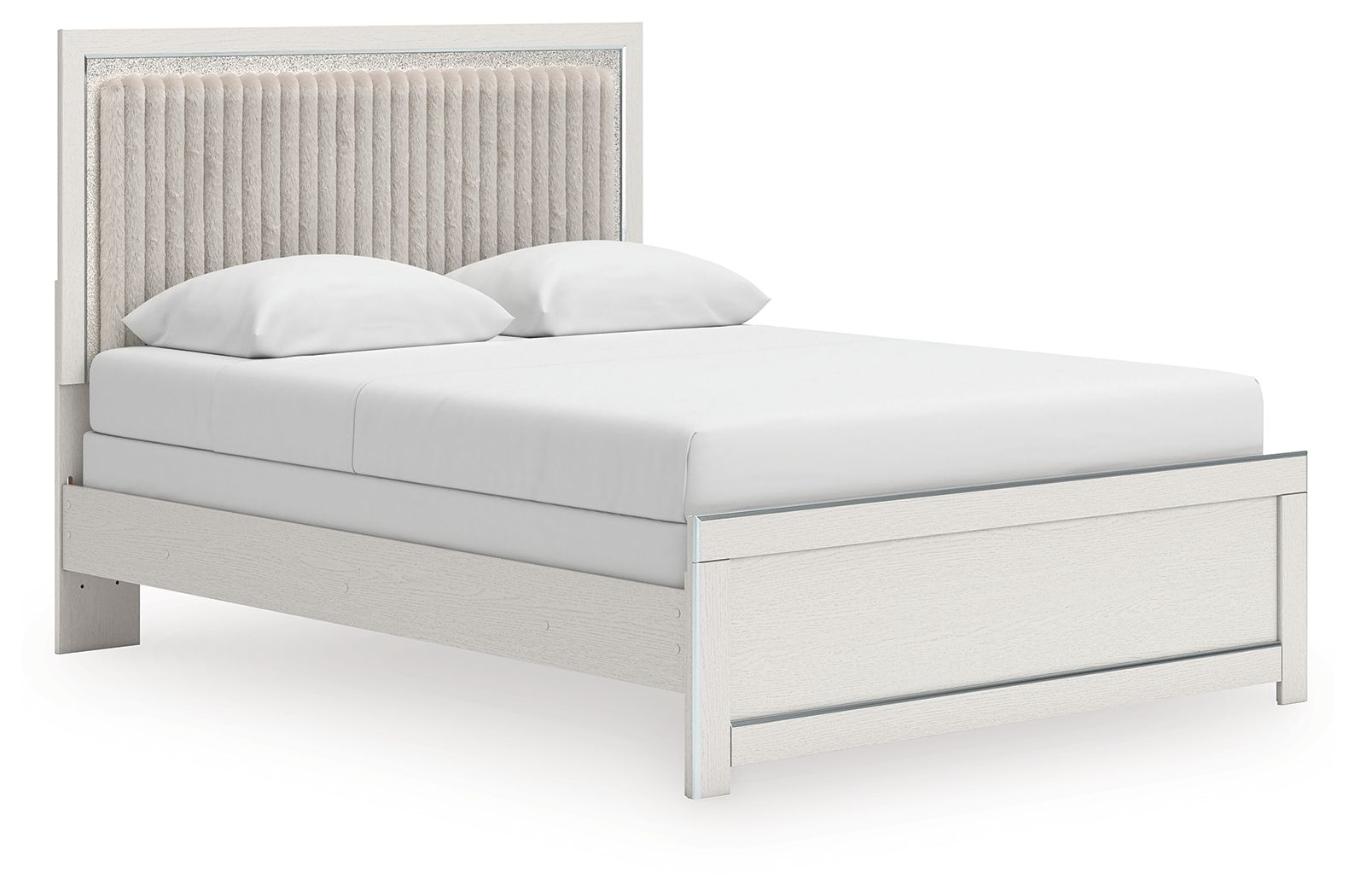 White upholstered panel bed with vertical channel headboard and two white pillows