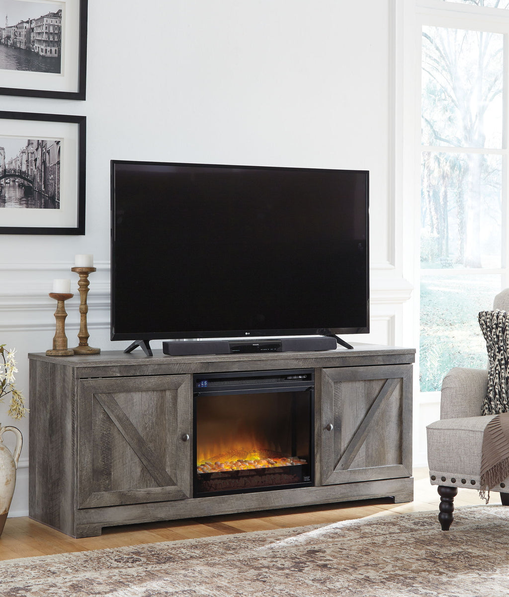 Gray fireplace TV console with glass-front insert and two framed cabinet doors