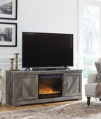 Gray fireplace TV console with glass-front insert and two framed cabinet doors