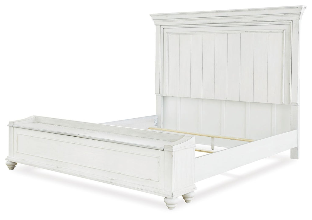 White panel bed base with open storage platform and matching panel headboard.