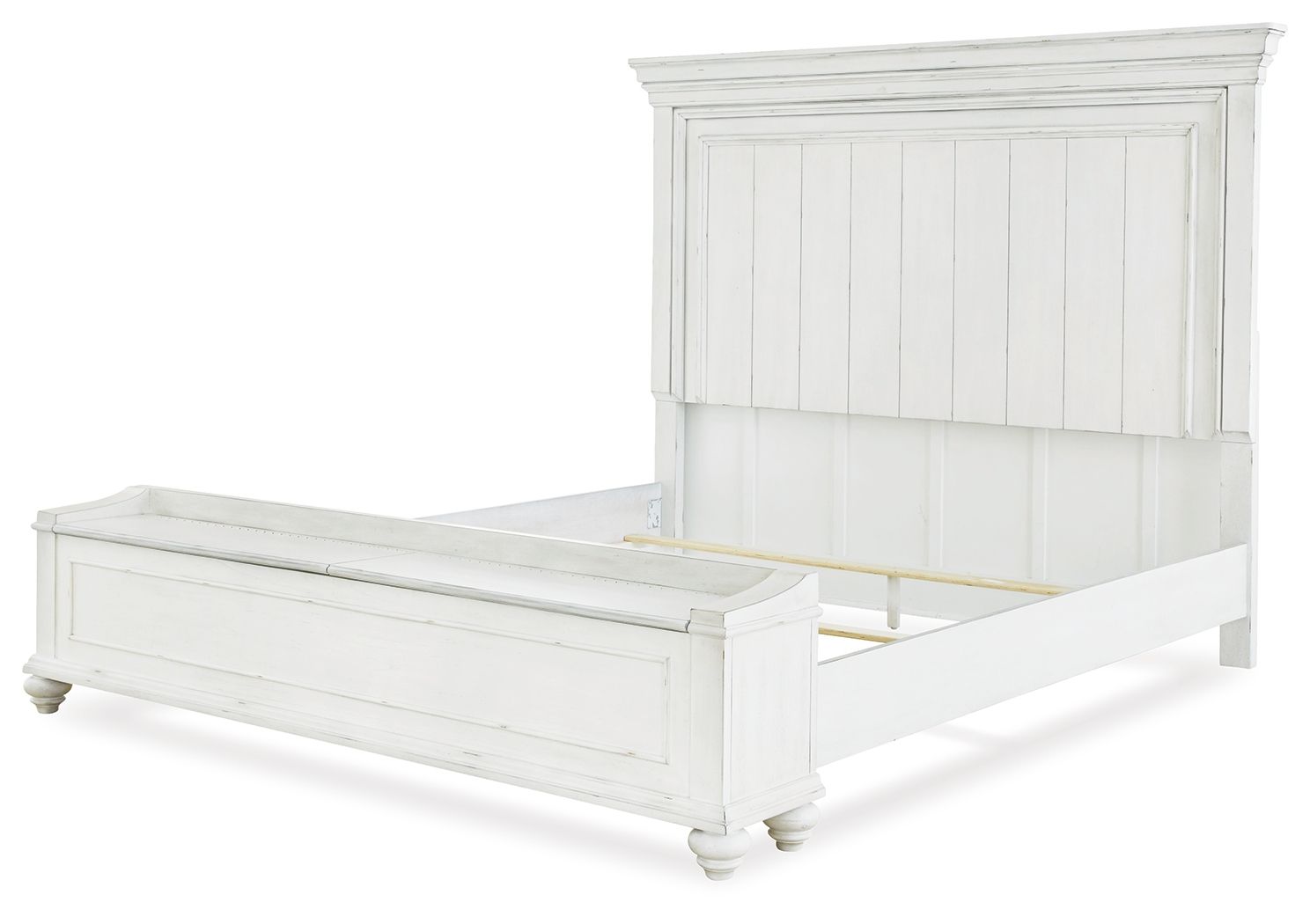 White panel bed base with open storage platform and matching panel headboard.