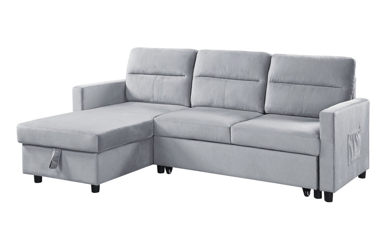 Ruby - Velvet Reversible Sleeper Sectional Sofa With Storage Chaise And Side Pocket - Light Gray