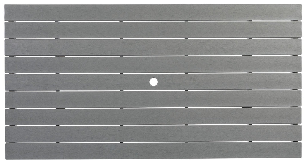 Gray slatted tabletop with round umbrella hole