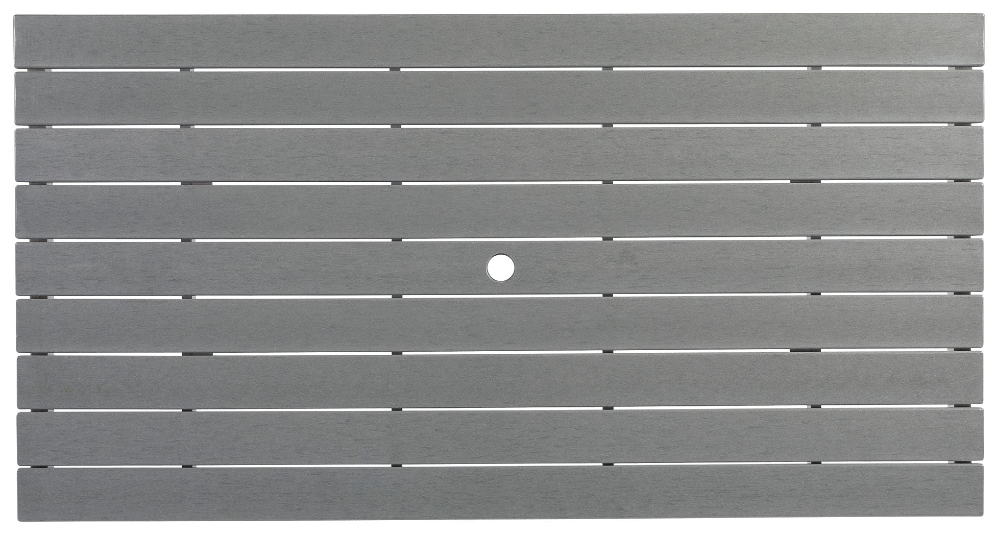 Gray slatted tabletop with round umbrella hole