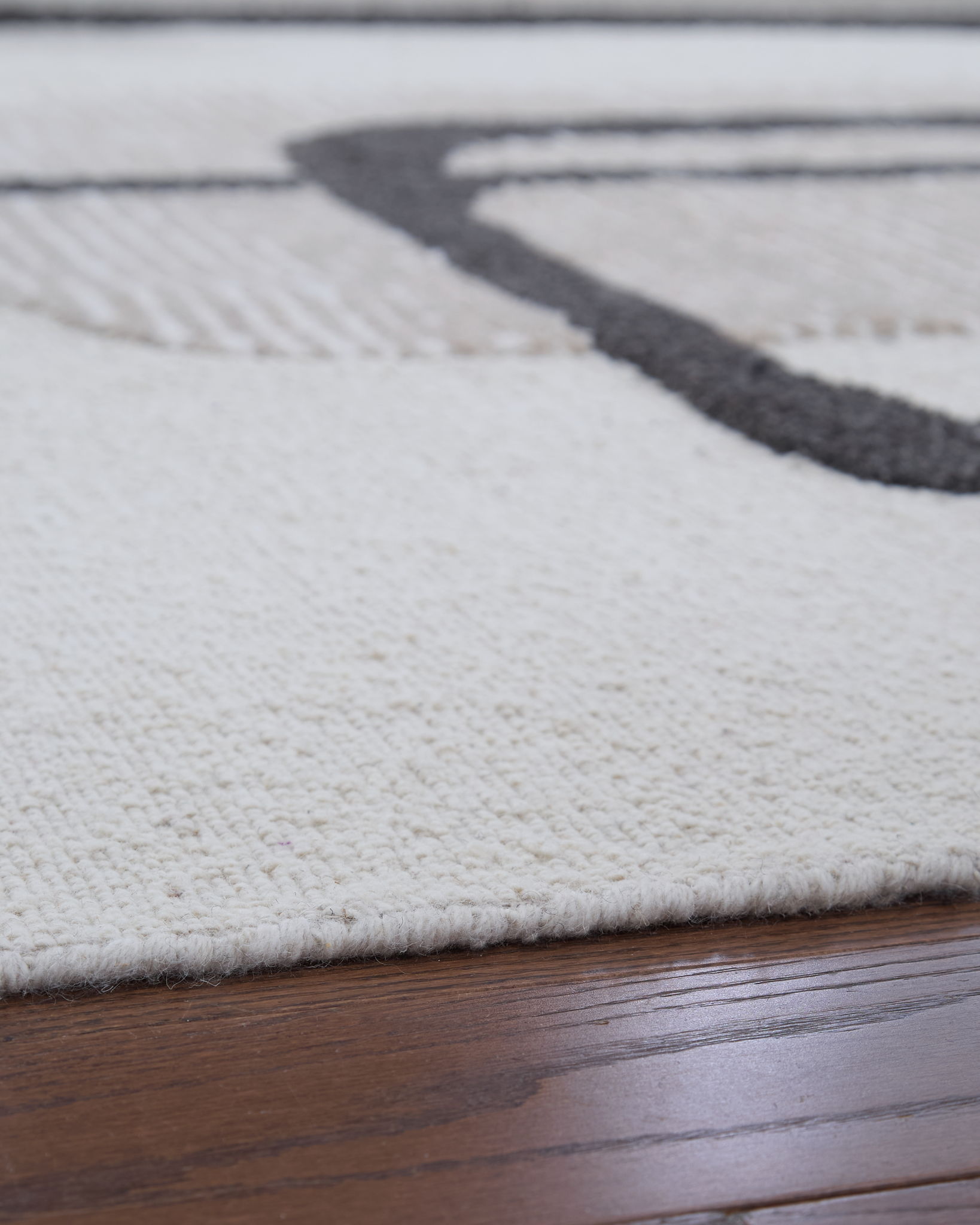 Close-up of beige rug pile with black geometric border