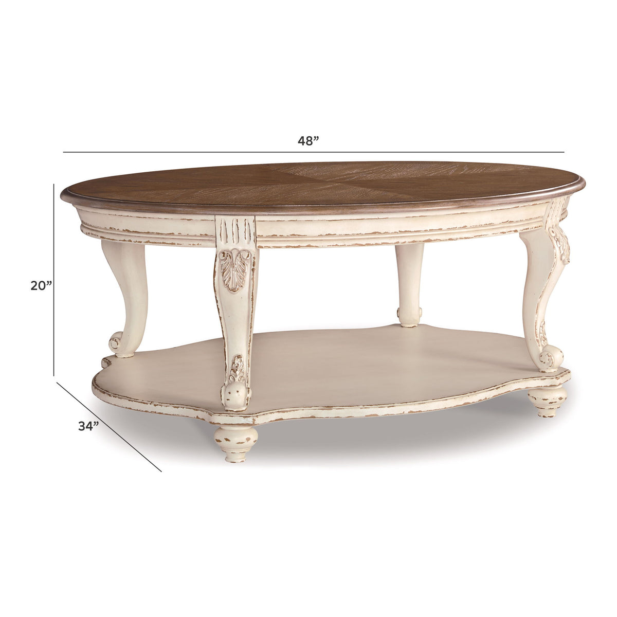 Oval cocktail table with brown top and distressed white carved legs