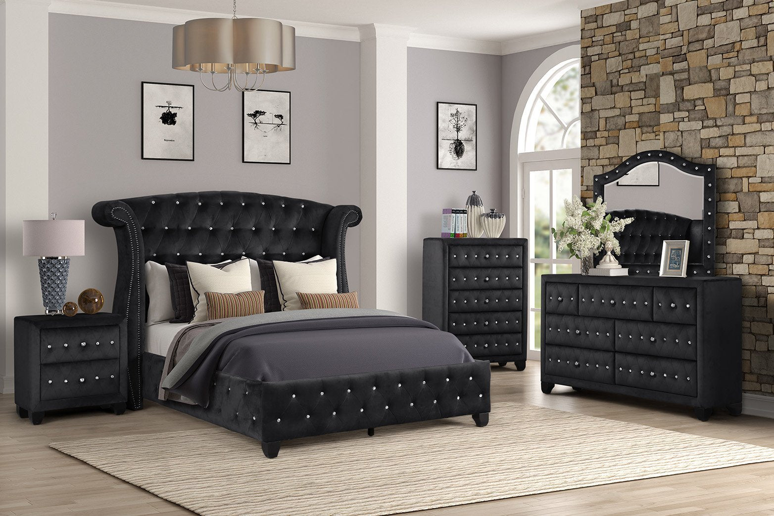 Black Wood 5-Piece Upholstered Bedroom Set