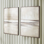Abstract wall art set of 2 with tan canvas, gray band, and light horizontal streaks