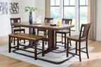 Rylandeen counter-height dining table set with bench and stools, dark brown wood