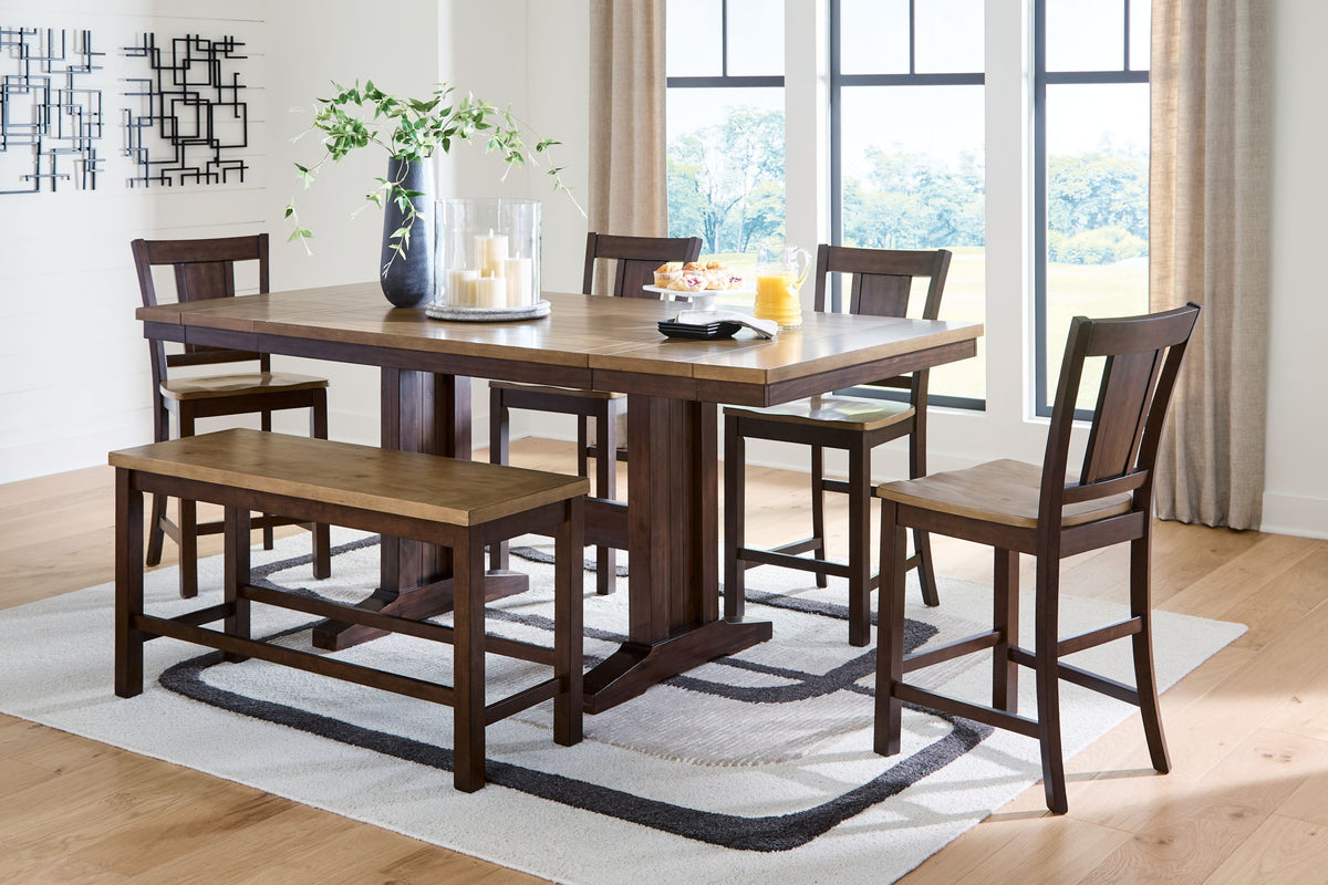 Rylandeen counter-height dining table set with bench and stools, dark brown wood