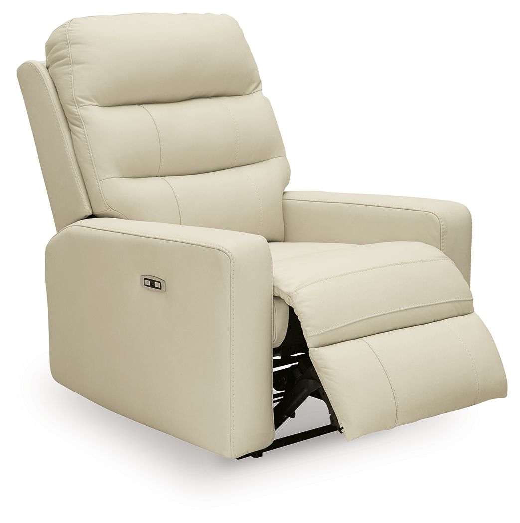 Power recliner with adjustable headrest in light beige, high back with stitched cushions
