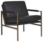 Black leather-look accent chair with open arm frame and cushioned seat and back.