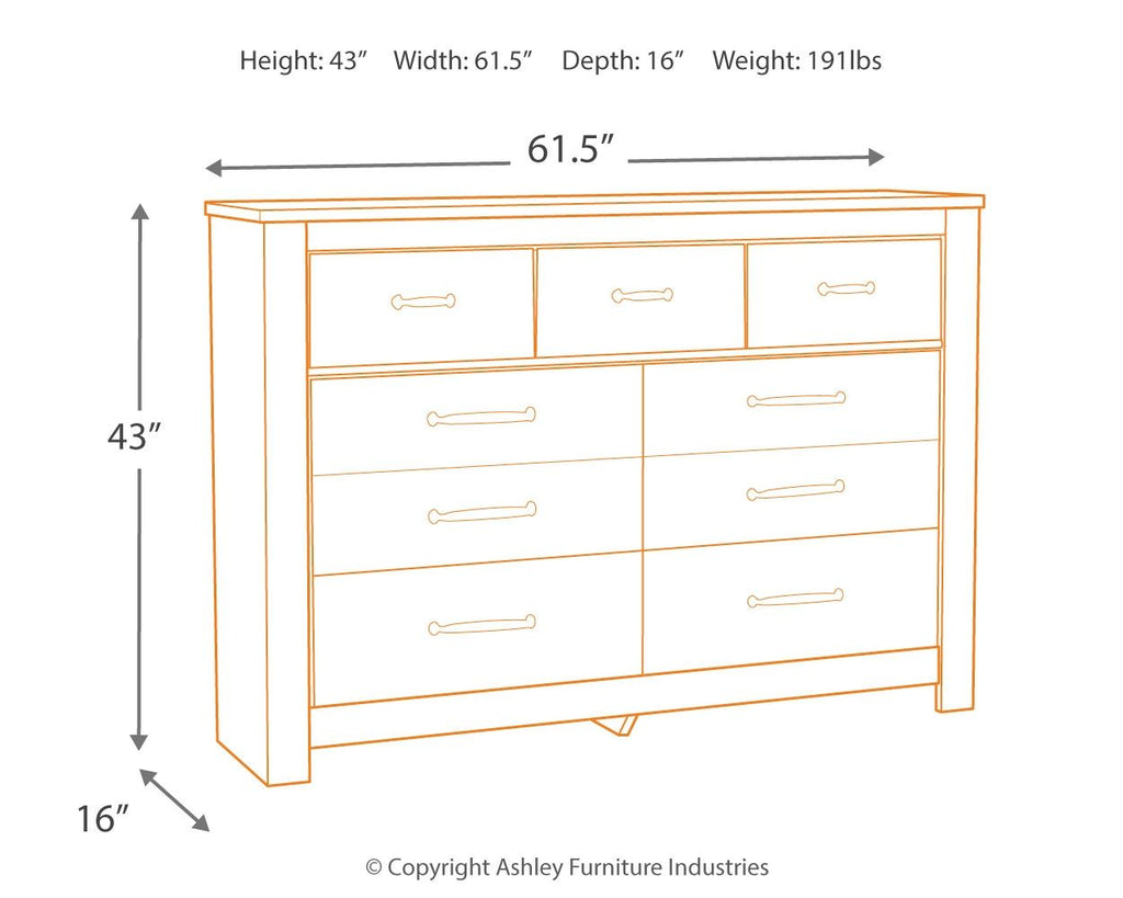 Light brown dresser diagram with drawer layout and labeled dimensions