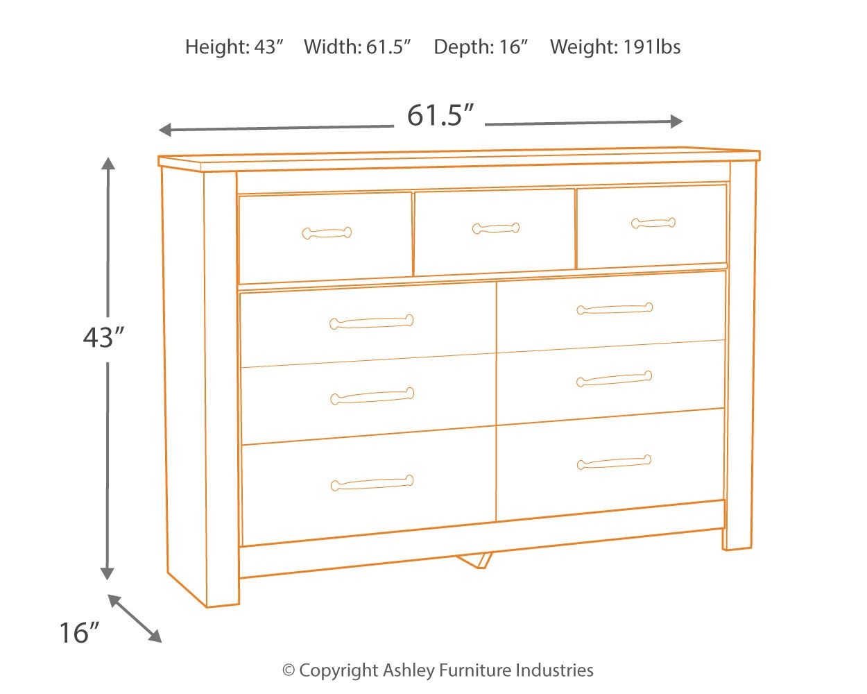 Light brown dresser diagram with drawer layout and labeled dimensions