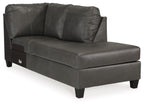 Gray corner chaise with deep seat cushion, padded back, rolled side arm, and square legs.