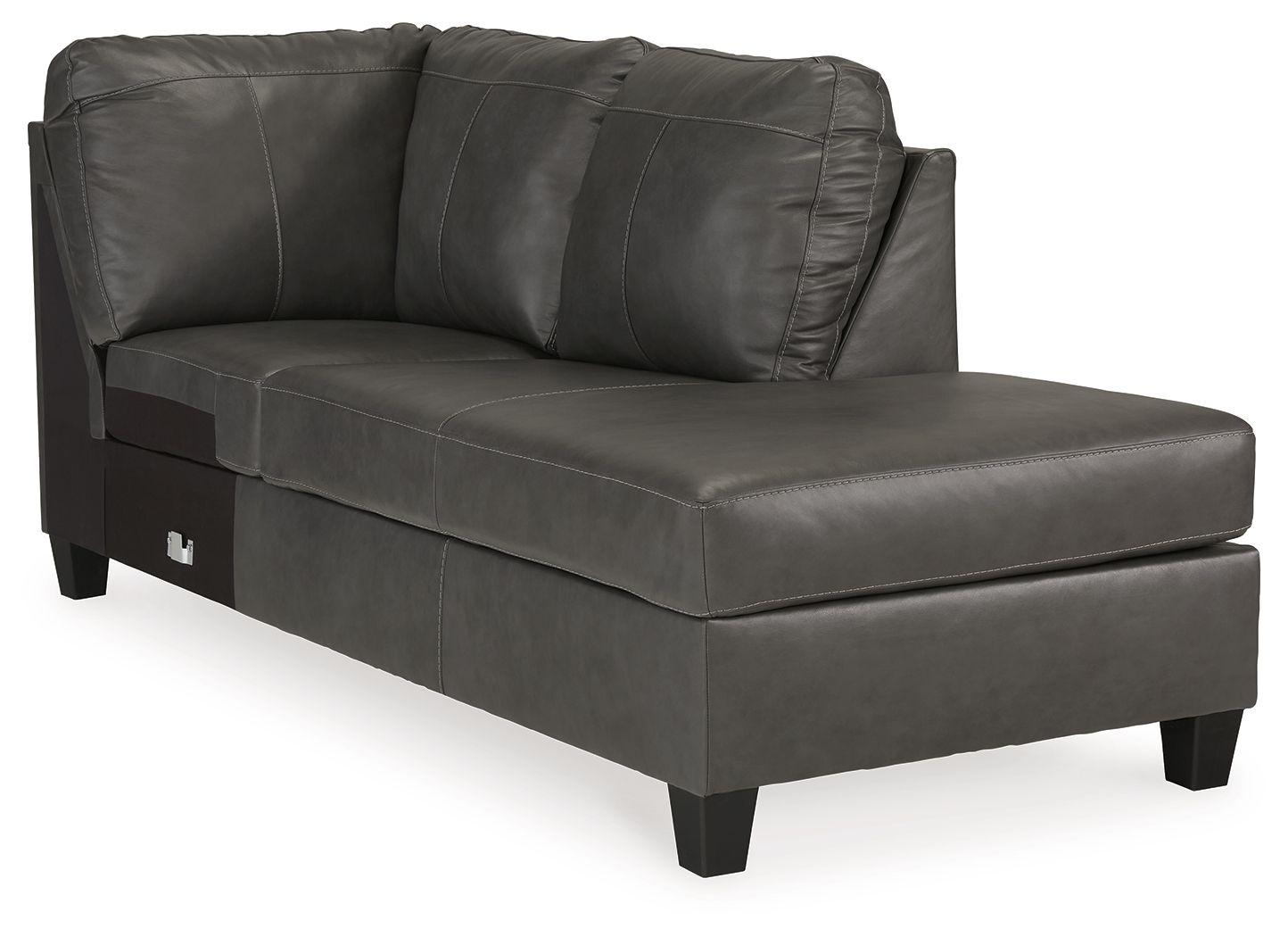 Gray corner chaise with deep seat cushion, padded back, rolled side arm, and square legs.