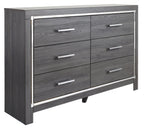Gray dresser with mirror, six drawers, chrome bar pulls, silver border trim