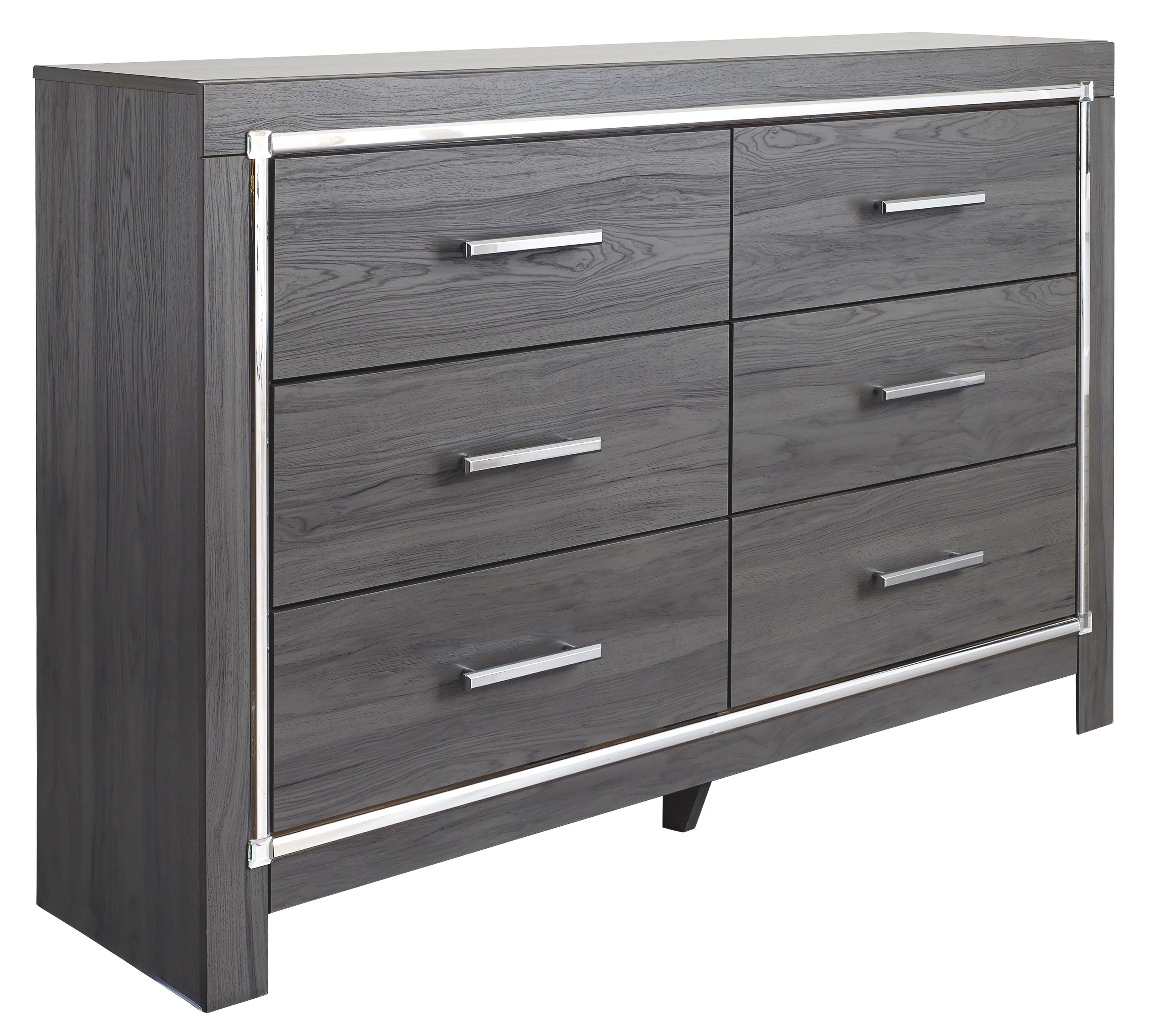 Gray dresser with mirror, six drawers, chrome bar pulls, silver border trim