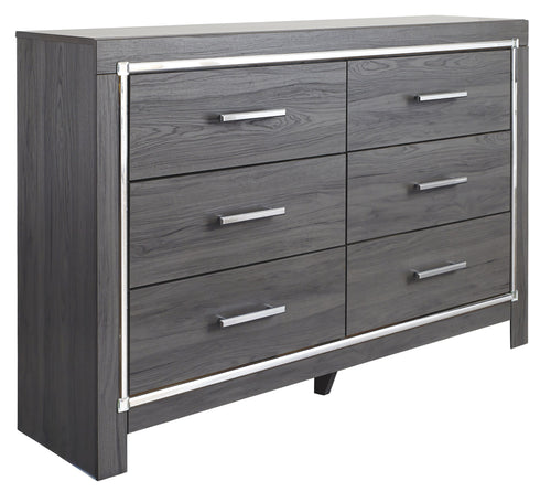 Gray dresser with mirror, six drawers, chrome bar pulls, silver border trim