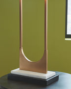 Brass table lamp base with tall U-shaped metal frame and curved neck