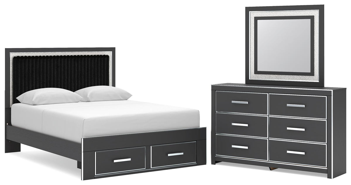 Black upholstered panel bed with under-drawer storage and matching dresser with mirror