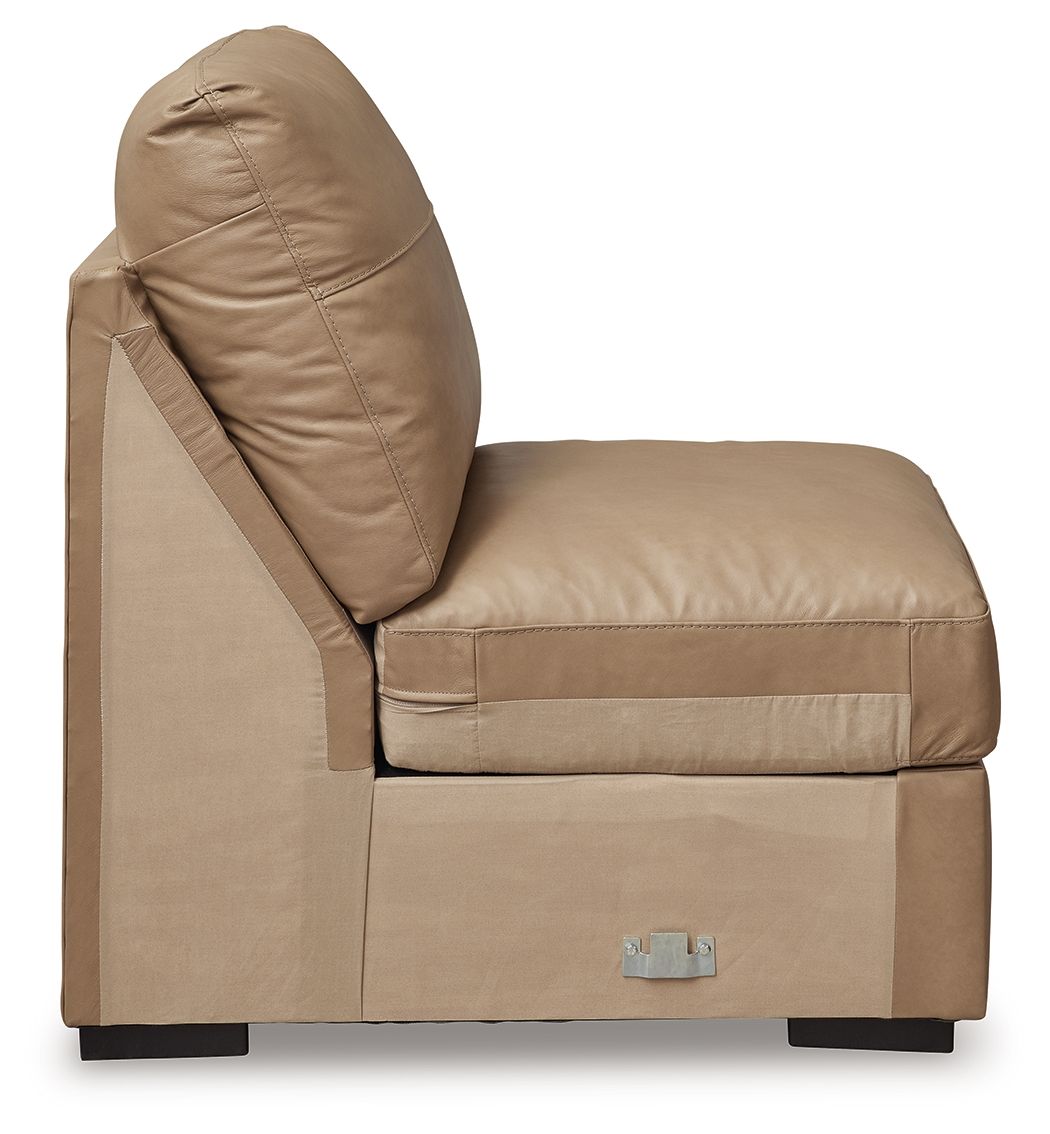 Toffee armless chair with padded side panel, tall backrest, rectangular seat cushion, dark feet