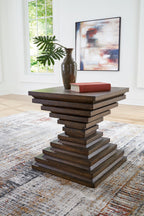 Warm brown square end table with stacked plank base and flat tabletop