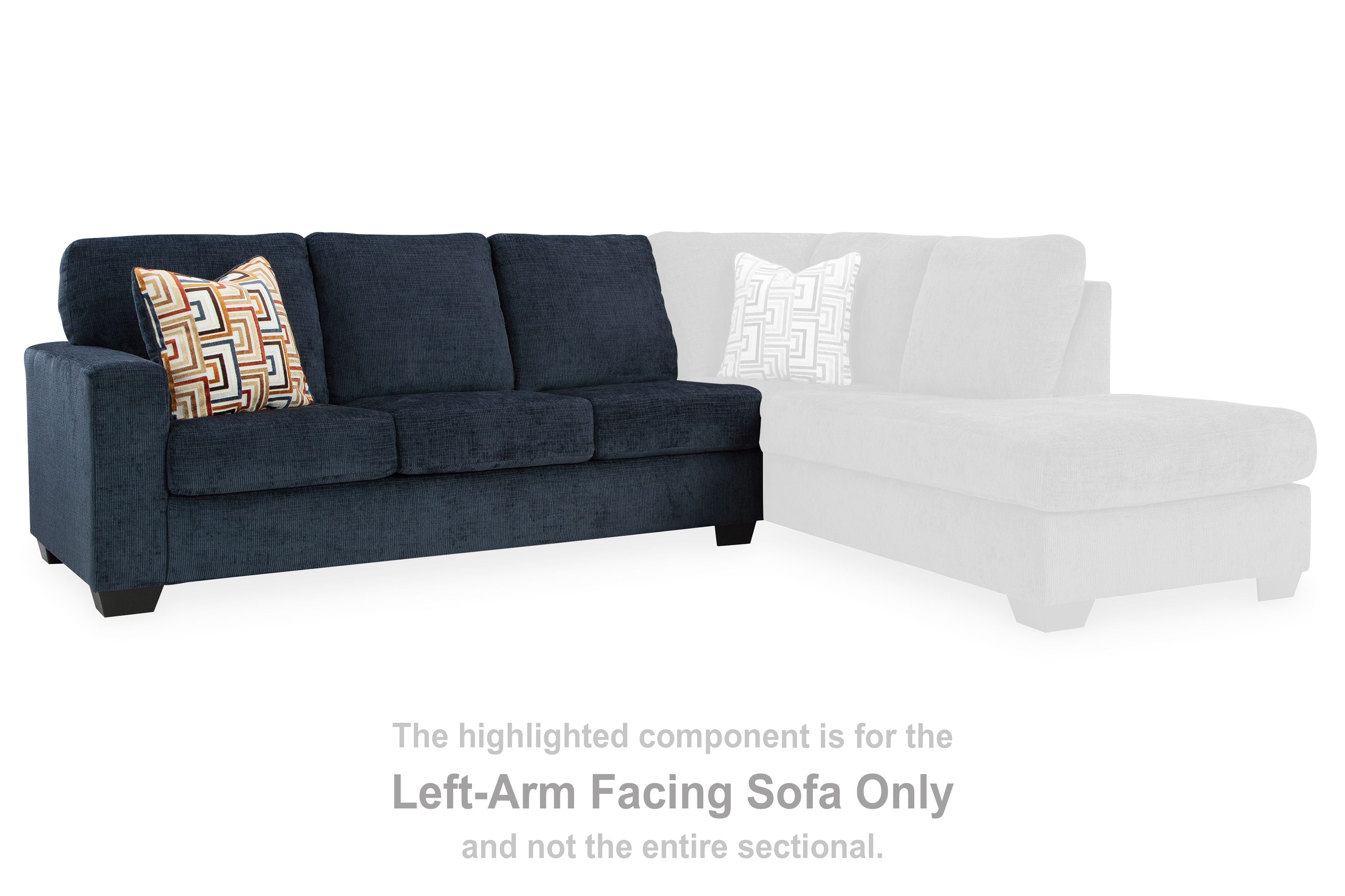 L-shaped sofa with ink blue upholstery and a white chaise section