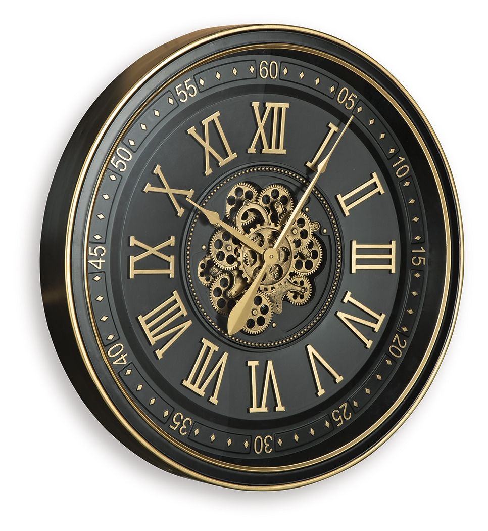 Black wall clock with gold-trim Roman numeral dial and visible gear mechanism