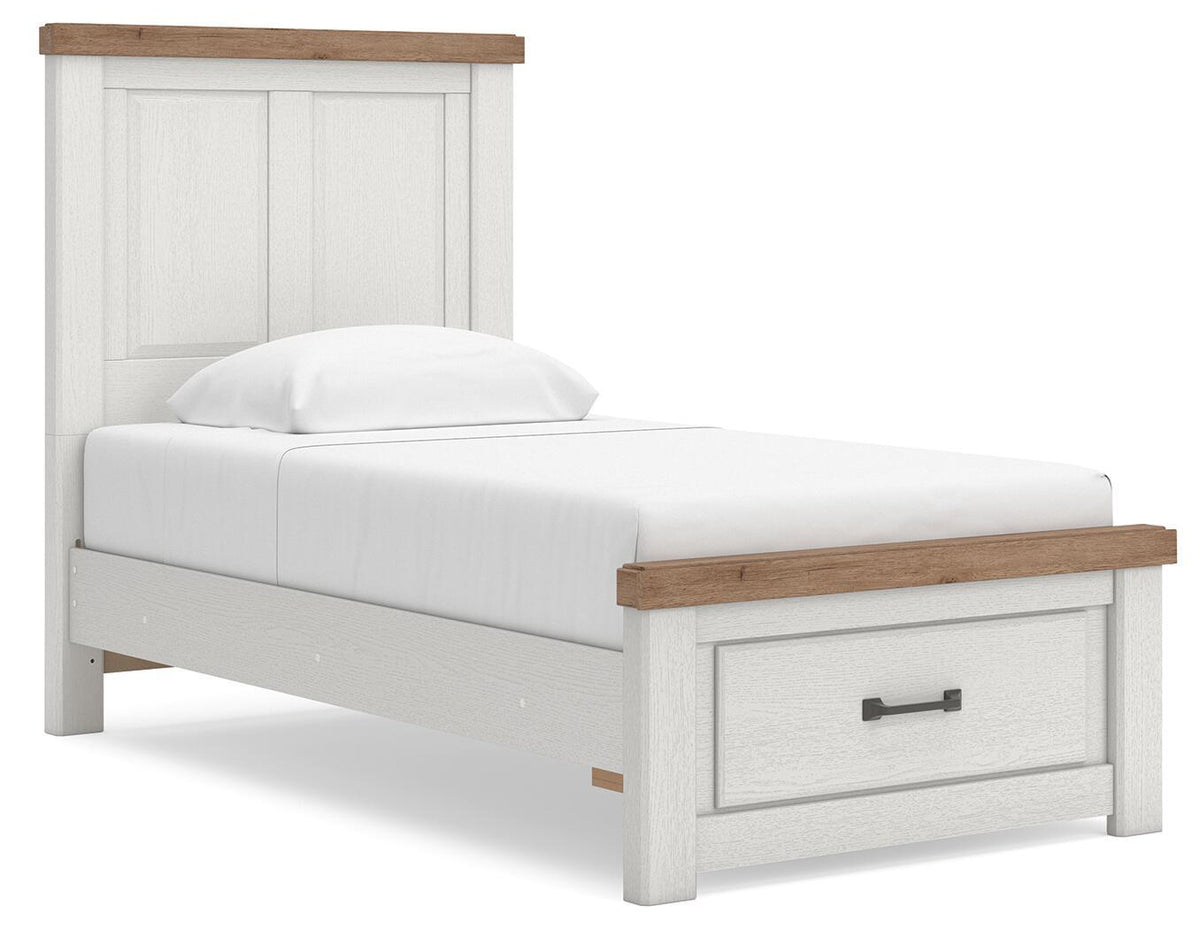 White panel storage bed with one large front drawer and low wood-look rail