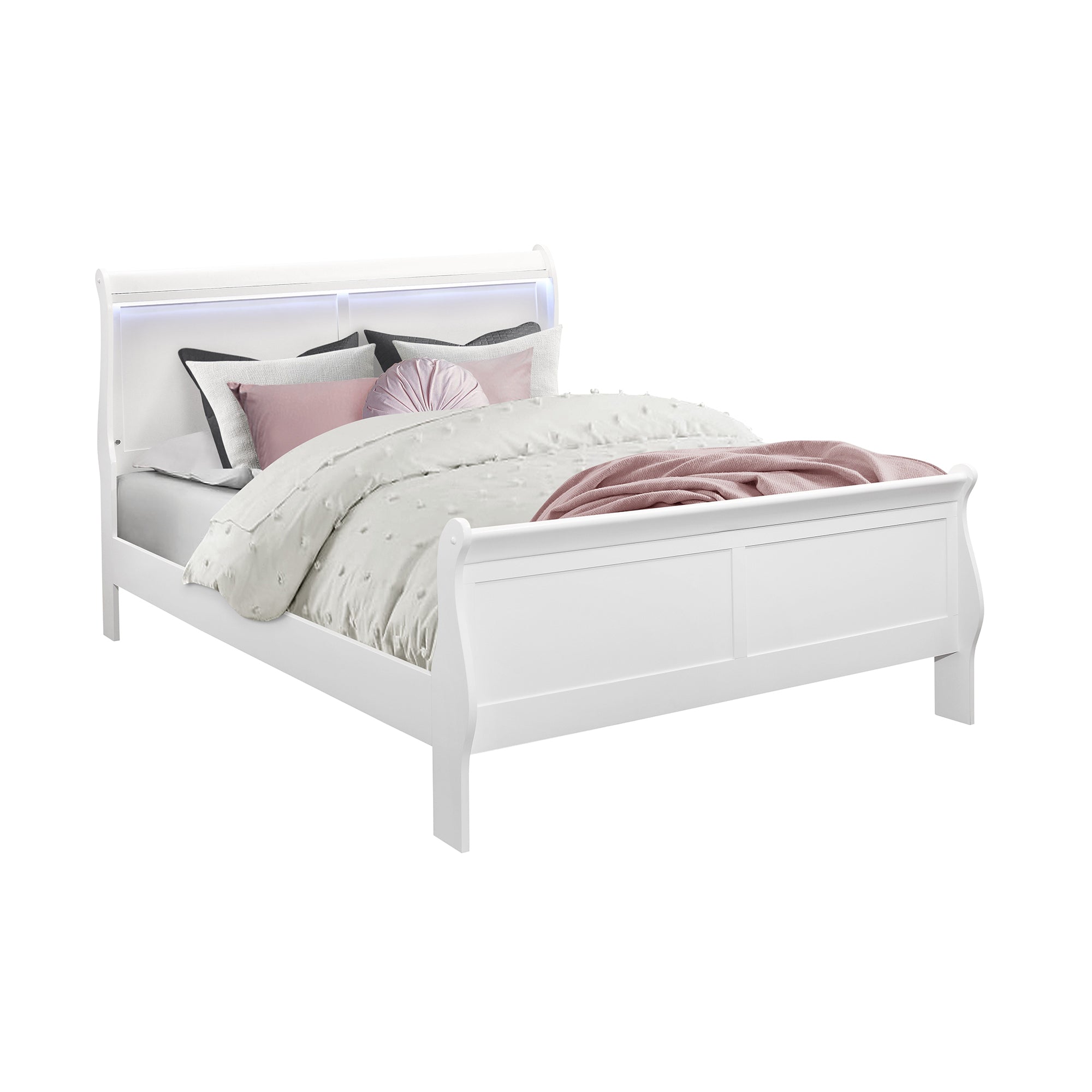 White Charlston Sleigh Queen Bed | LED Lighting, Solid Wood