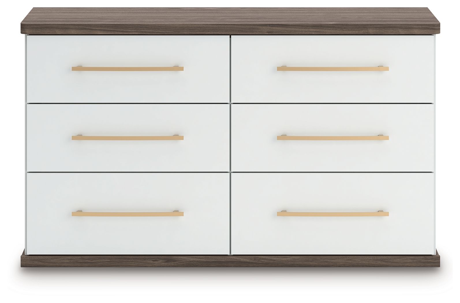Six-drawer dresser with white finish, warm wood top and sides, and gold bar pulls.