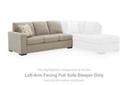 Bridgepoint left-arm facing full sofa sleeper in stone fabric with open sleeper chaise and pillows