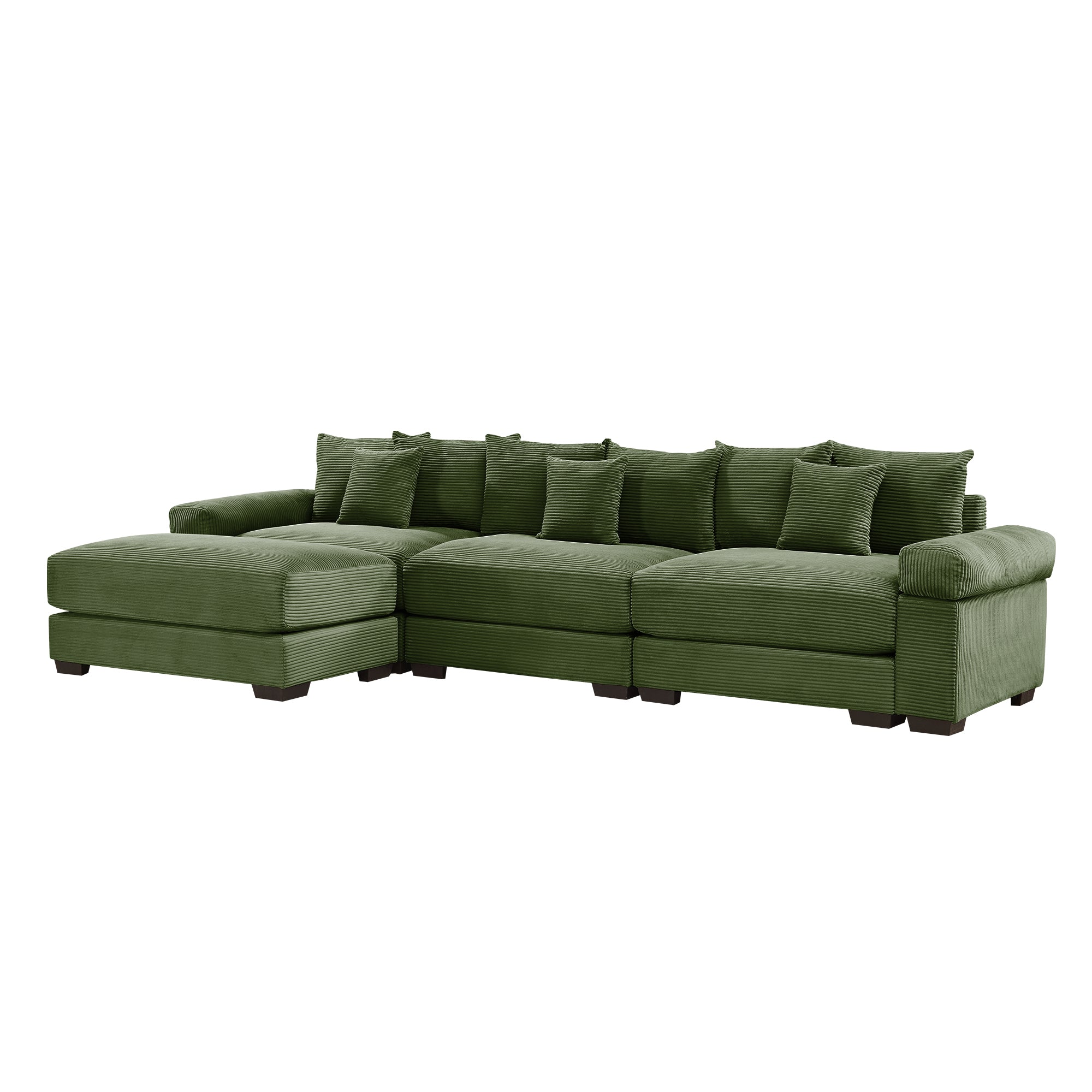 Green L-shape sectional sofa with modular ottoman and back pillows