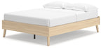 Platform bed with white upholstered top and light wood frame, short angled legs