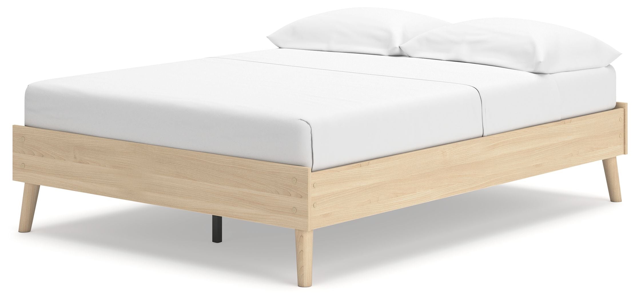 Platform bed with white upholstered top and light wood frame, short angled legs