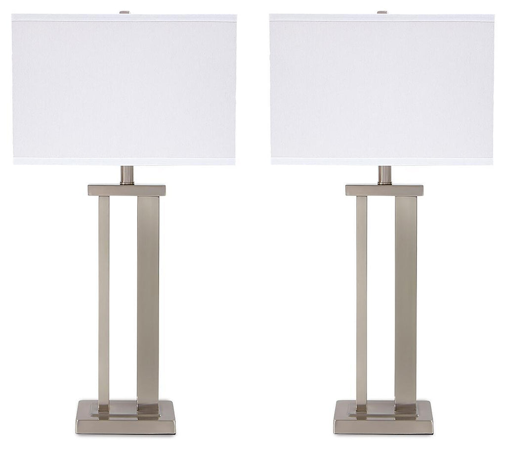 Metal table lamp set, pearl silver finish with square shades and bases