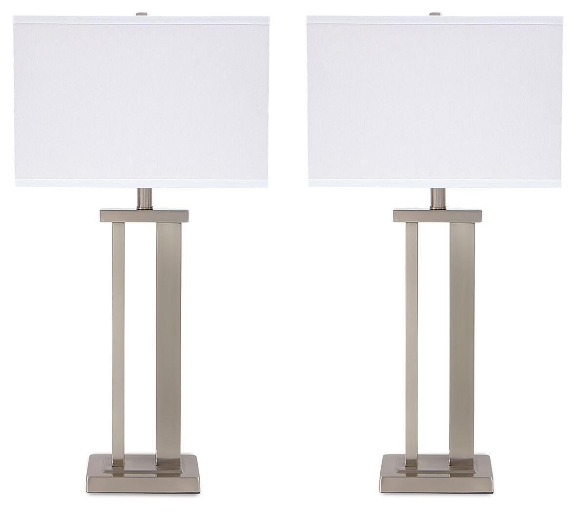 Metal table lamp set, pearl silver finish with square shades and bases