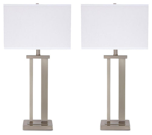 Metal table lamp set, pearl silver finish with square shades and bases
