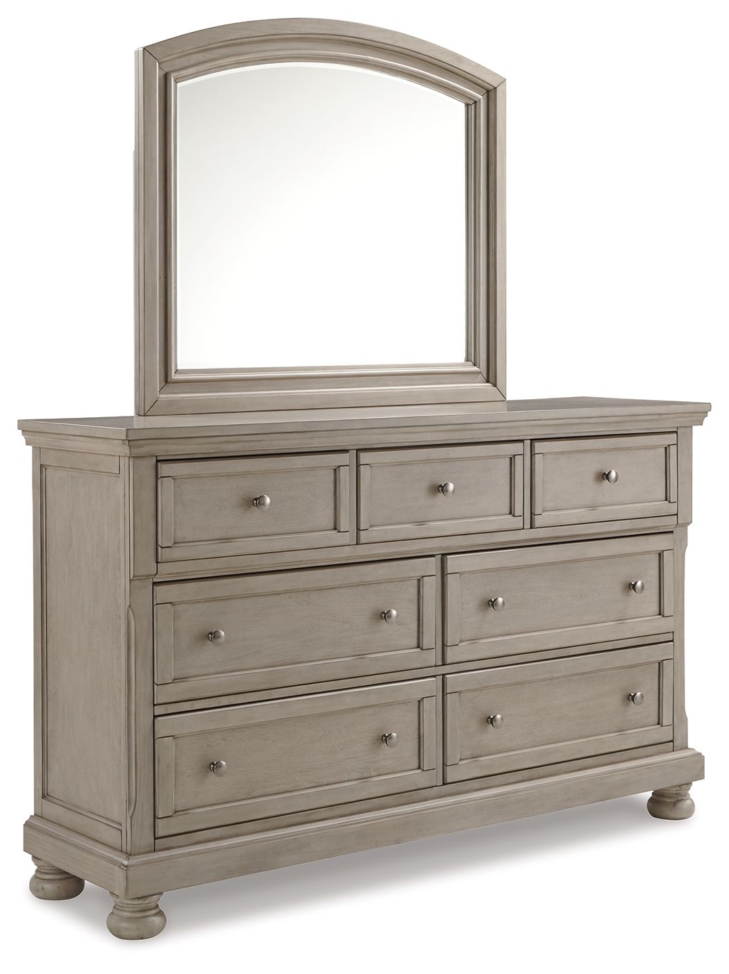 Gray dresser with arched mirror, three drawers and two cabinet doors