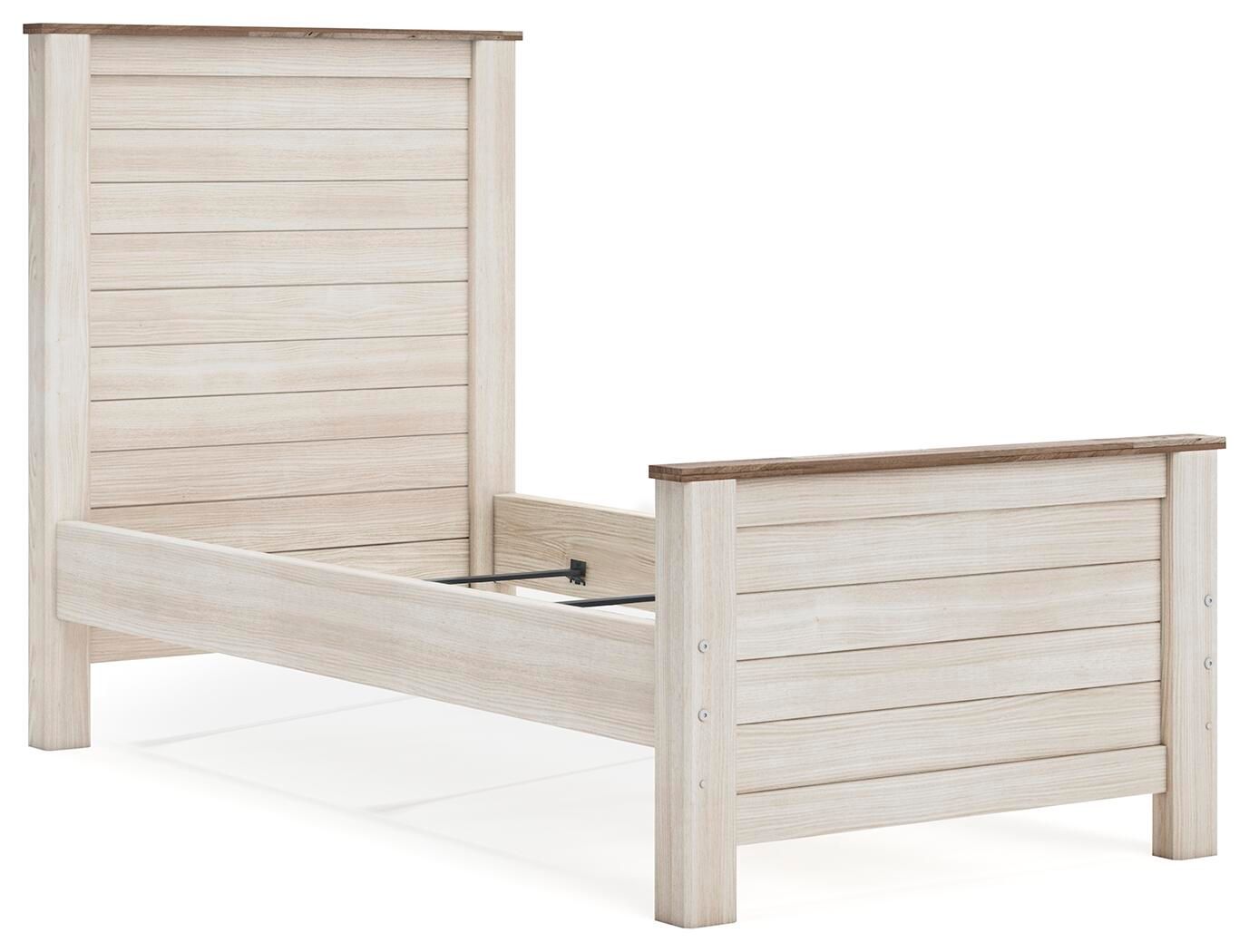 Beige panel bed with slatted headboard and footboard, open underbed frame