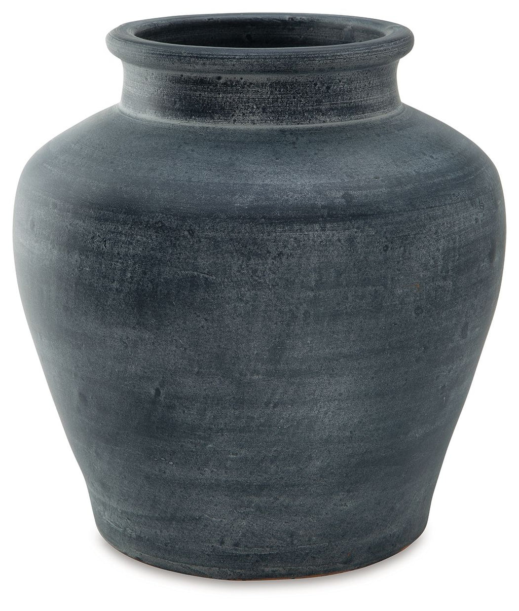 Dark blue ceramic vase with rounded shoulders and wide top opening