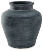 Dark blue ceramic vase with rounded shoulders and wide top opening