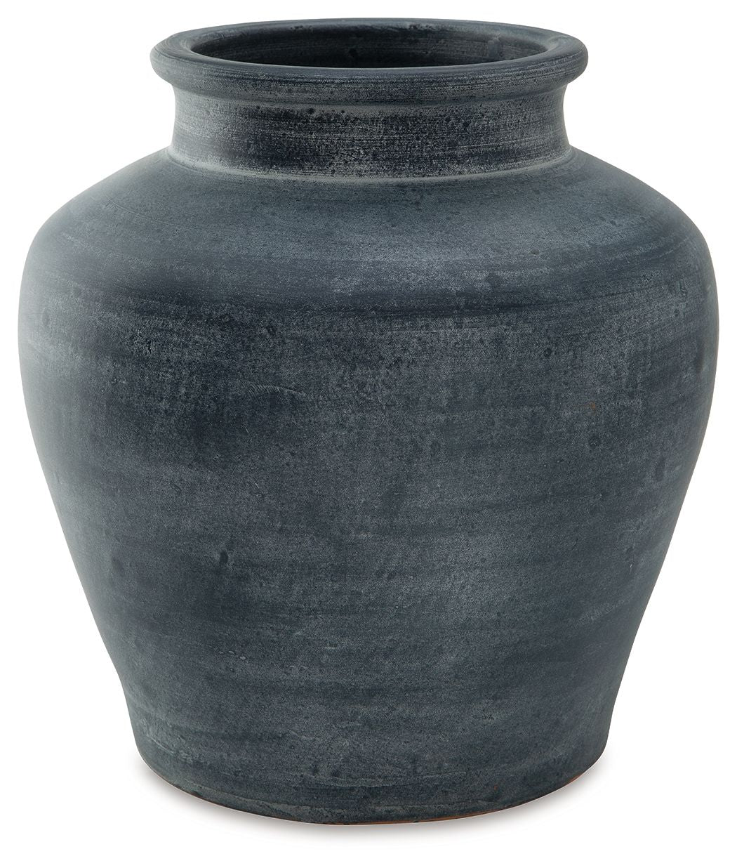 Dark blue ceramic vase with rounded shoulders and wide top opening