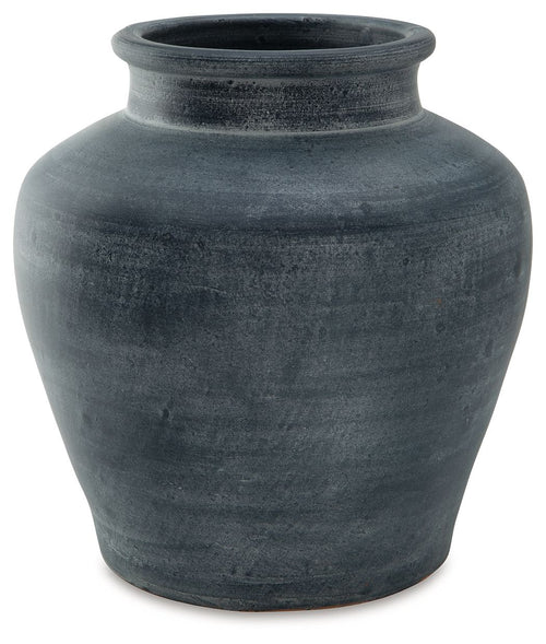 Dark blue ceramic vase with rounded shoulders and wide top opening